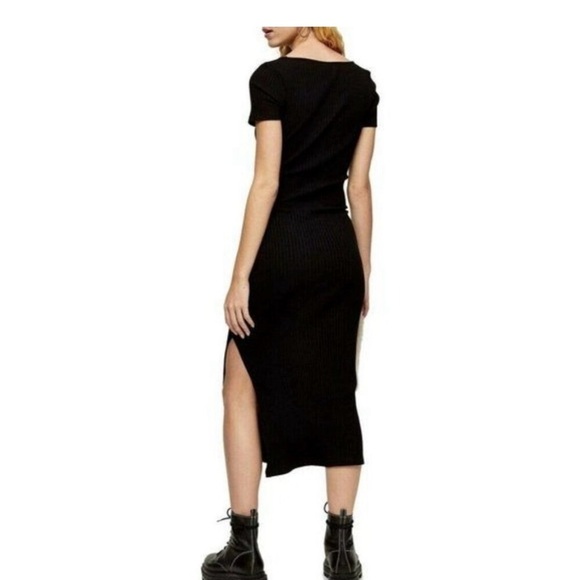 TOPSHOP Black Rib Knit Tie Waist Slit Bodycon Stretch Midi Dress SZ 8 US NWT - Picture 8 of 10